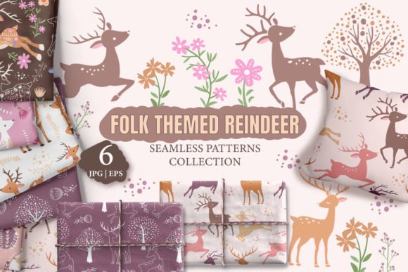 Cute Folk Reindeer Seamless Patterns